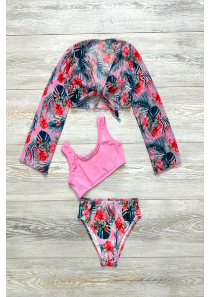 Yeni Sezon 3 Parça Trend Mini Pareolu Desenli Kız Çocuk Bikini Takımı