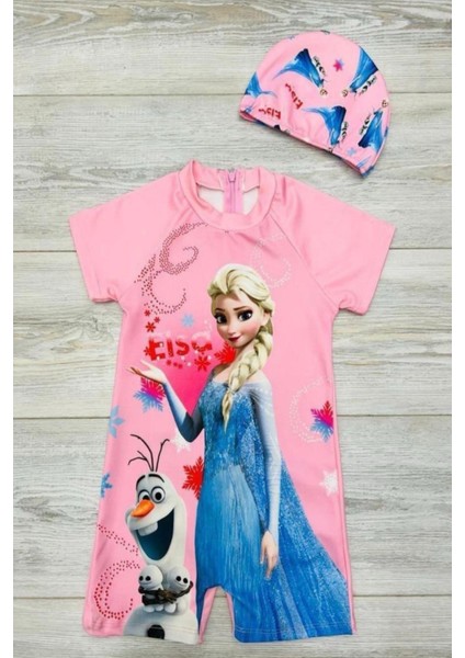 Sevimli Karakter Baskılı Boneli Uv-Güneş Korumalı Hızlı Kuruma Özellikli Çocuk Tulum Mayo