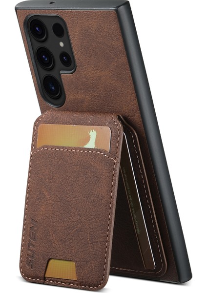 Samsung Galaxy S23 Ultra Kickstand Kart Yuvalı Deri Arka Kahverengi Telefon Kılıfı (Yurt Dışından)