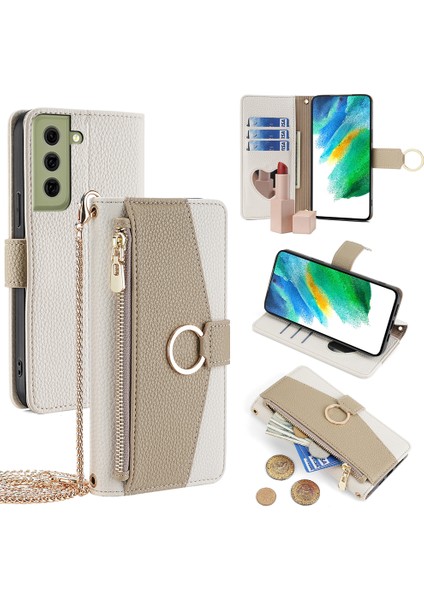 Samsung Galaxy S21 Fe 5g Cüzdan Telefon Kılıfı Crossbody Ipi Fermuarlı Deri Kapak-Beyaz (Yurt Dışından)