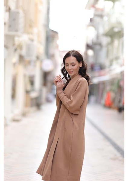 Butik Esra Kandemir Kadın Şal Yaka Oversize Kalıp Camel Hırka - 6078-1