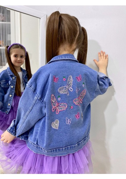 Nakış Işlemeli Kot Ceket Tütü Elbise Üçlü Kız Çocuk Kombin modelleri