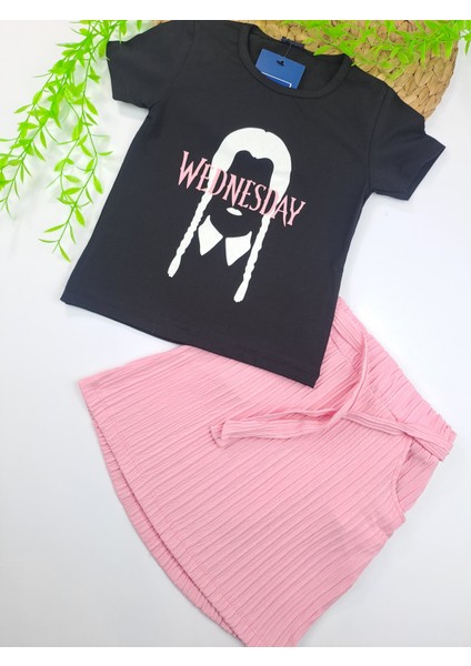 Kız Çocuk Pembe Etek Siyah Tişort Ikili Takım Baskı Detaylı
