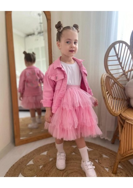 Nakış Işlemeli Kot Ceket Tütü Elbise Üçlü Kız Çocuk Kombin