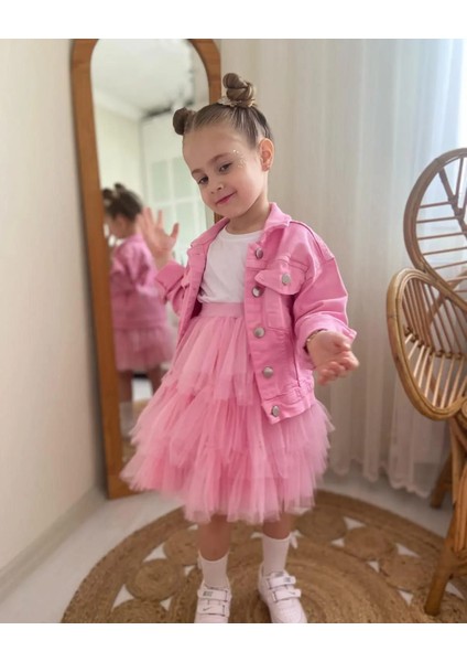 Nakış Işlemeli Kot Ceket Tütü Elbise Üçlü Kız Çocuk Kombin modelleri