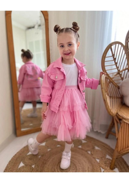 Nakış Işlemeli Kot Ceket Tütü Elbise Üçlü Kız Çocuk Kombin indirimleri