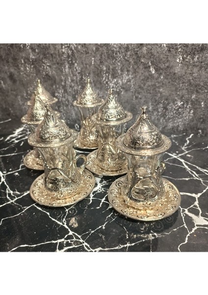 Ottoman Motifli Gümüş Çay Seti 24 Parça