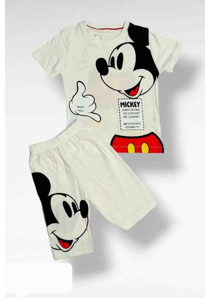 Çocuk Unisex Mickey Mouse Baskılı Alt Üst Şortlu Takım Beyaz
