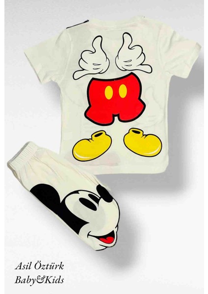 Çocuk Unisex Mickey Mouse Baskılı Alt Üst Şortlu Takım Beyaz