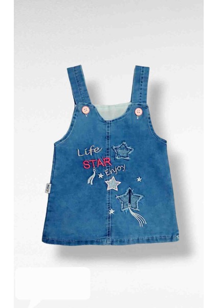 Kız Bebek Çocuk Life Star Kot Jile Yıldız Desen Jean Salopet Denim Elbise