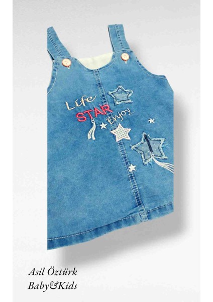 Kız Bebek Çocuk Life Star Kot Jile Yıldız Desen Jean Salopet Denim Elbise modelleri