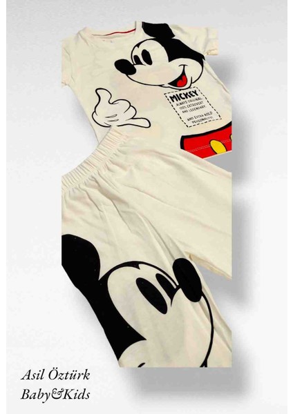 Çocuk Unisex Mickey Mouse Baskılı Alt Üst Şortlu Takım Beyaz
