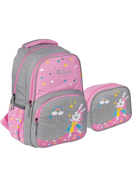 1340 Kız Çocuk Beslenmeli Ilk Okul Çantası Tavşan ve Filamingo Desenli