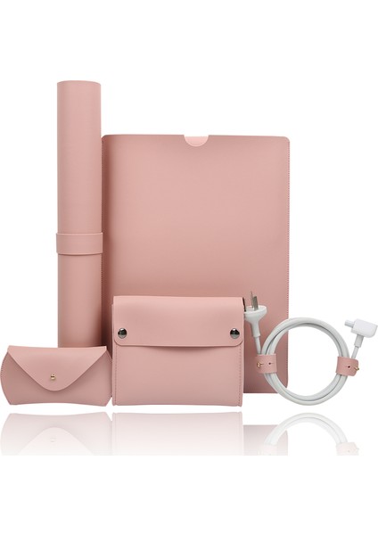 13.3 Inç Macbook 5'i Bir Arada Pvc Dizüstü Bilgisayar Kol Çantası + Kablo Düzeni + Güç Adaptörü Paketi + Fare Çantası + Masa Mat-Pembe (Yurt Dışından)