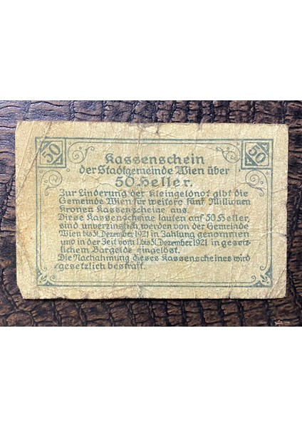 Avusturya Österreich 50 Heller Kassenschein Der Stadtgemeinde Wien (Viyana) 1920 Kleingeldnot
