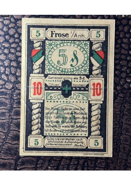 Alman Reich Dönemi Acil Durum Parası 1921 Notgeld Gemeinde Frose 10 Pfennig Çil Altı - Ça (About Uncirculated Au)