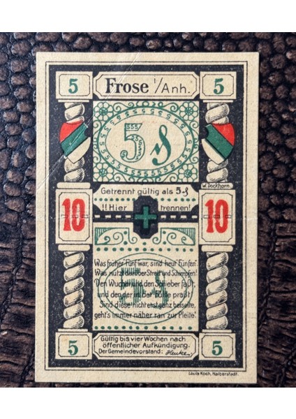 Alman Reich Dönemi Acil Durum Parası 1921 Notgeld Gemeinde Frose 10 Pfennig Çil Altı - Ça (About Uncirculated Au)