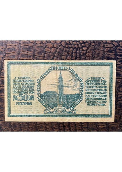 Almanya Reich Dönemi 1918 Gutschein Über Fünfzig (50) Pfennig Stadt Kiel Notgeld Acil Durum Parası