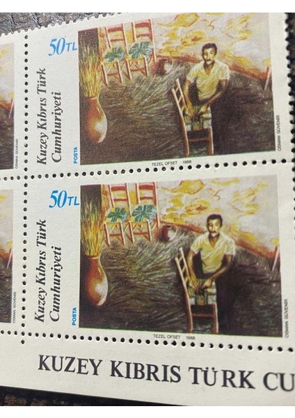 Kktc - Kuzey Kıbrıs Türk Cumhuriyeti Sanat Tablolar Temalı Kuzey Kıbrıs 220 - Osman Güvenir'in &quot;sandalye Dokumacısı&quot; Damgasız Mnh 4'lü Blok Pullar fiyatları