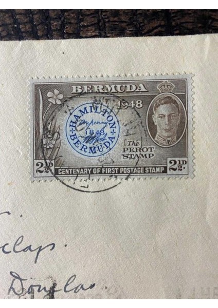 İngiltere İngiliz Sömürge Bermuda "1948 2 1/2 d centenary of postmaster parrot stamps" Pullu 1950 yılında Postadan geçmiş klasik Zarf