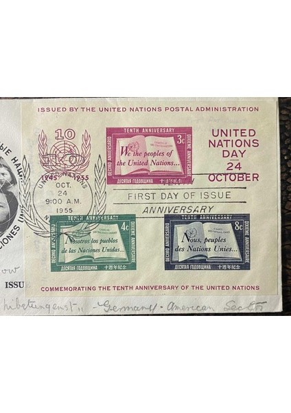 Birleşmiş Milletler Ilk Gün Zarfı 10. Yıl Dönümü Postadan Geçmiş 1955 United Nations Fdc 10. Anniversary United Nations York Scott 38 modelleri