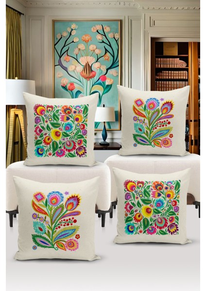Flower/vintage Serisi Çift Tarafı Dijital Baskılı 4'lü Kırlent Kılıfı Seti (Cushion Cover Set)