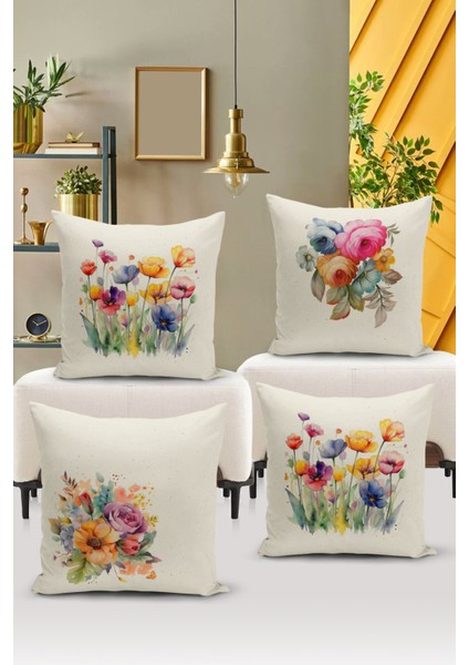 Flower/vintage Serisi Çift Tarafı Dijital Baskılı 4'lü Kırlent Kılıfı Seti (Cushion Cover Set)