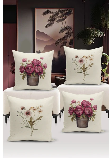 Bertille Home Flower/vintage Serisi Çift Tarafı Dijital Baskılı  4'lü Kırlent Kılıfı Seti  (Cushion Cover Set)