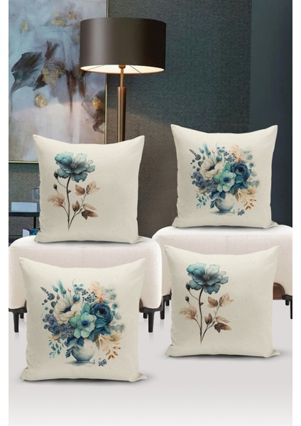 Flower/vintage Serisi Çift Tarafı Dijital Baskılı 4'lü Kırlent Kılıfı Seti (Cushion Cover Set)