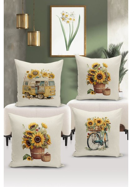 Flower/vintage Serisi Çift Tarafı Dijital Baskılı 4'lü Kırlent Kılıfı Seti (Cushion Cover Set)
