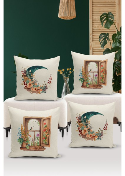 Flower/vintage Serisi Çift Tarafı Dijital Baskılı 4'lü Kırlent Kılıfı Seti (Cushion Cover Set)