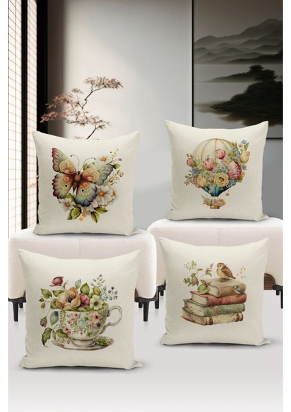 Flower/vintage Serisi Çift Tarafı Dijital Baskılı 4'lü Kırlent Kılıfı Seti (Cushion Cover Set)