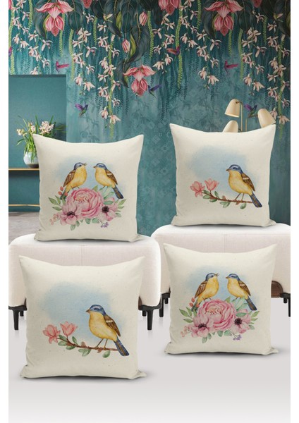 Flower/vintage Serisi Çift Tarafı Dijital Baskılı 4'lü Kırlent Kılıfı Seti (Cushion Cover Set)