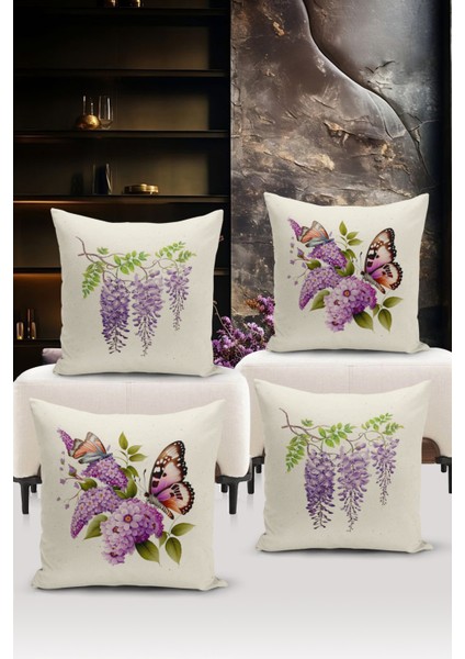 Flower/vintage Serisi Çift Tarafı Dijital Baskılı 4'lü Kırlent Kılıfı Seti (Cushion Cover Set)