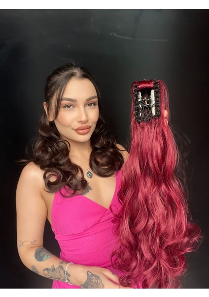 Mandallı Postik Toka At Kuyruğu 55 cm Dalgalı Fönlenebilir Cazibeli Kızıl