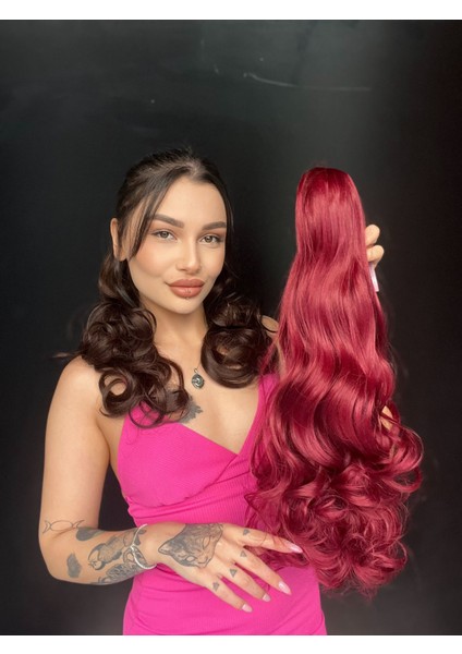 Mandallı Postik Toka At Kuyruğu 55 cm Dalgalı Fönlenebilir Cazibeli Kızıl fiyatları