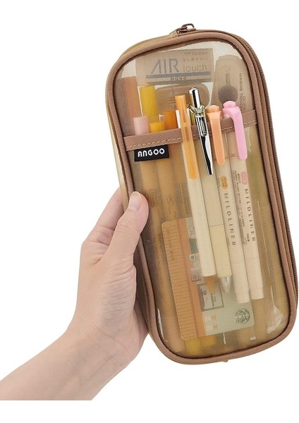 Fermuarlı Izgara Örgü Şeffaf Makyaj Renkli Kılıfı Kozmetik Okul Genç Kız Şeffaf Kırtasiye Ofis Düzenleyici Haki Kalem Kutusu (Yurt Dışından)