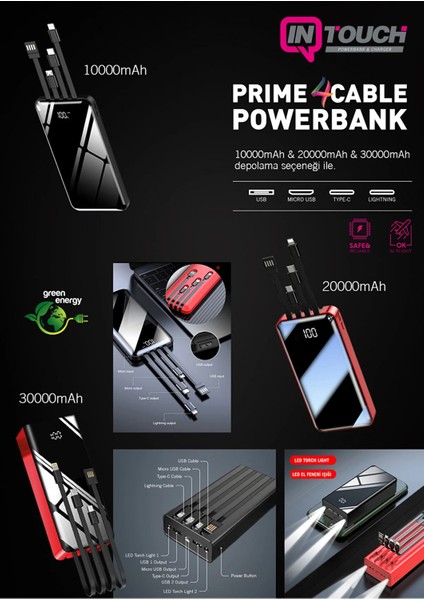 10.000 mAh Prime Dijital Göstergeli Dahili Çoklu Kablolu Powerbank Siyah