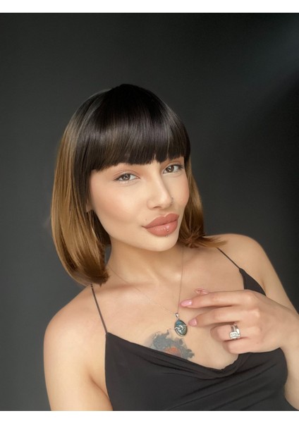 Kısa Küt Perçemli Bob Pedikal Peruk Kemoterapi Uygundur Siyah Karamel