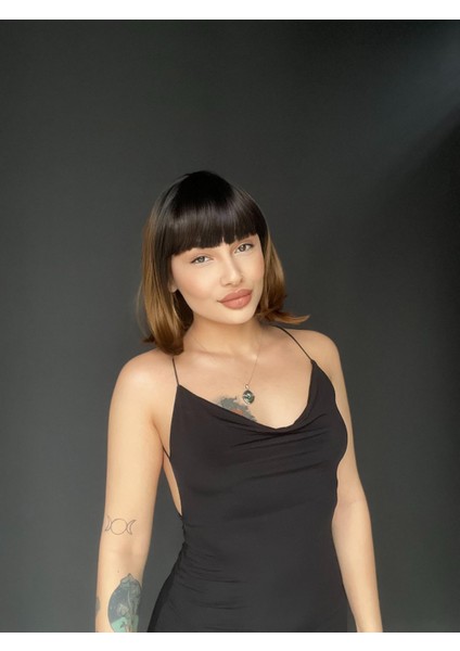 Kısa Küt Perçemli Bob Pedikal Peruk Kemoterapi Uygundur Siyah Karamel modelleri