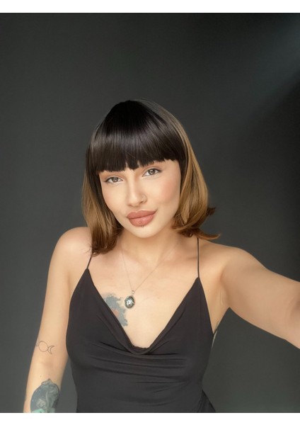 Kısa Küt Perçemli Bob Pedikal Peruk Kemoterapi Uygundur Siyah Karamel fırsatları