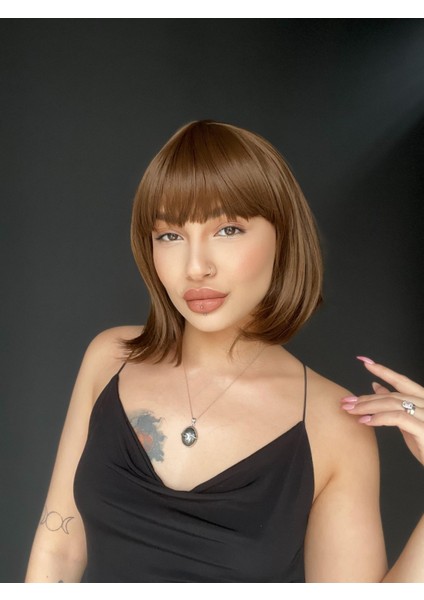 Kısa Küt Perçemli Bob Pedikal Peruk Kemoterapi Uygundur Kahverengi