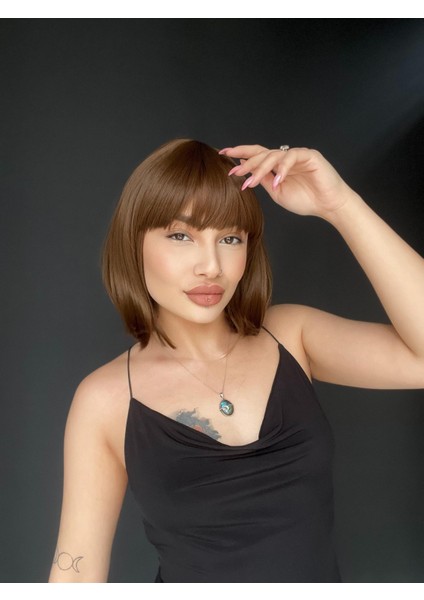 Kısa Küt Perçemli Bob Pedikal Peruk Kemoterapi Uygundur Kahverengi modelleri