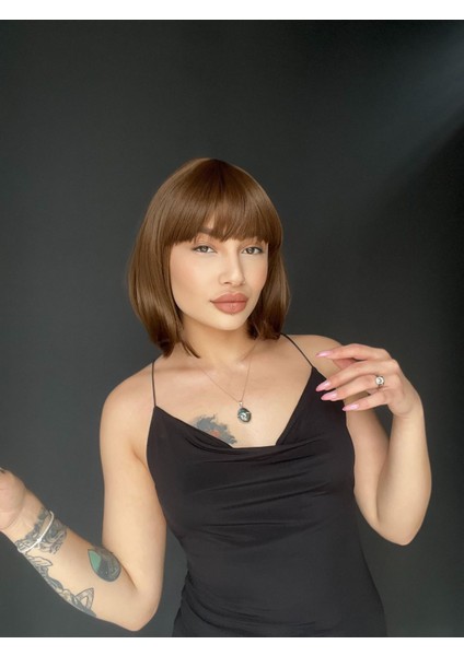 Kısa Küt Perçemli Bob Pedikal Peruk Kemoterapi Uygundur Kahverengi fırsatları