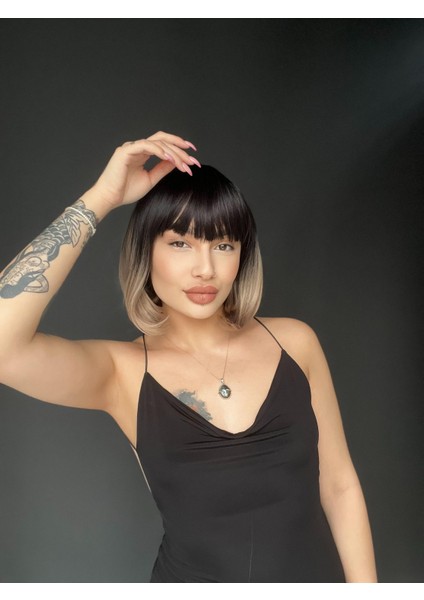 Kısa Küt Perçemli Bob Pedikal Peruk Kemoterapi Uygundur Siyah Küllü Gri fiyatları