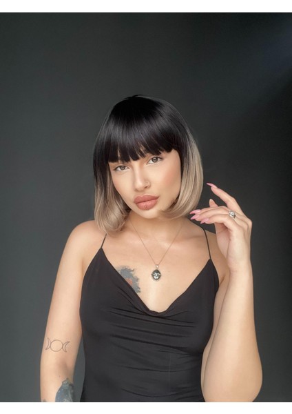 Kısa Küt Perçemli Bob Pedikal Peruk Kemoterapi Uygundur Siyah Küllü Gri modelleri