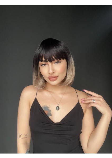 Kısa Küt Perçemli Bob Pedikal Peruk Kemoterapi Uygundur Siyah Küllü Gri fırsatları