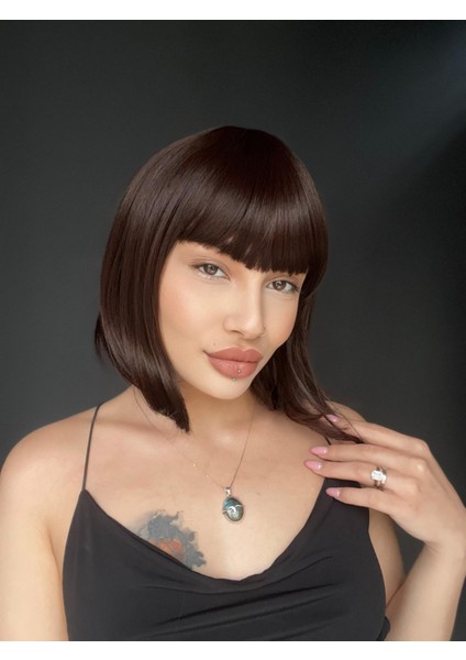 Kısa Küt Perçemli Bob Pedikal Peruk Kemoterapi Uygundur Sıcak Kahve modelleri