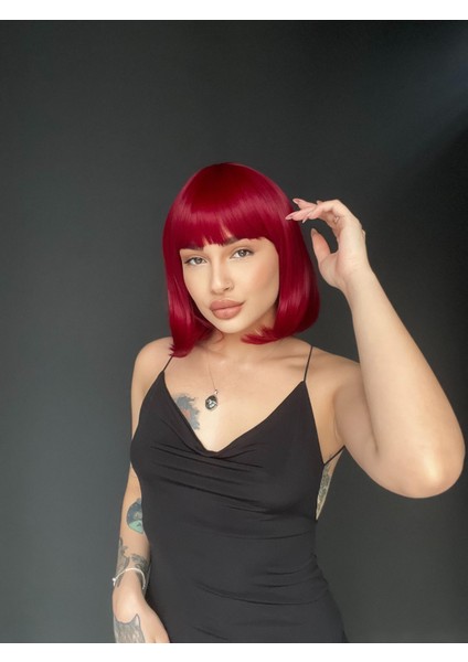 Kısa Küt Perçemli Bob Pedikal Peruk Kemoterapi Uygundur Kızıl modelleri