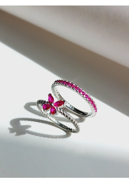 925 Ayar Gümüş Zirkon Taşlı Pembe Tam Tur Kelebek Tasarım Kadın Evlilik Yüzüğü